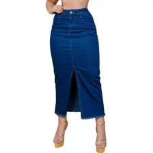 Saia Jeans Com Lycra Midi C/ Fenda Barra Desfiada Evangelica