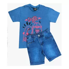 Kit Shorts Jeans Menino + Camiseta 10 Ao 14 Infantil Oferta