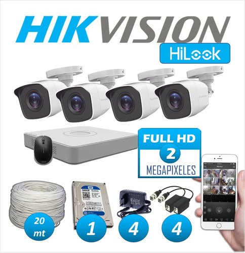 Kit Hikvision Hilook Dvr 8ch + 4 Cámaras 1080p + Disco 