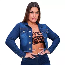 Jaqueta Jeans Basic Azul Denim Feminina Desfiada Com Lycra