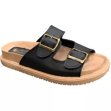 Sandalia Mujer Cuero Birk Estilo Hebilla Ojota Negro Marron