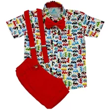 Roupa Festa Infantil Carrinhos Conjunto Camisa Social Menino