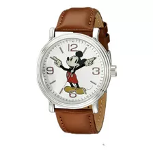 Reloj De Pulsera Disney W001852 De Cuerpo Color Plateado, Analógico, Fondo Blanco, Con Correa De Piel Color Marrón Claro, Bisel Color Plateado Y Hebilla Simple