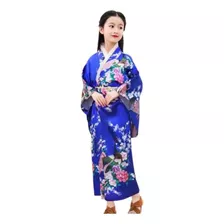 Yukata Infantil Em Seda Estampa Pavão Azul Royal