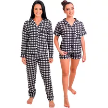 Kit 2 Pijamas Feminino Adulto Americano Curto Longo Malha 