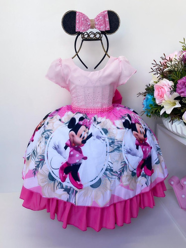Vestido Infantil Minnie Rosa Poá Pérolas E Strass