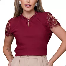 Blusa Social Evangélica Feminina Renda Gola Pedrinha Guipir