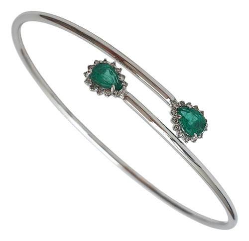 Pulseira Rígida Esmeraldas 0,70ct E Diamantes Ouro Branco18k Branco 18 Cm