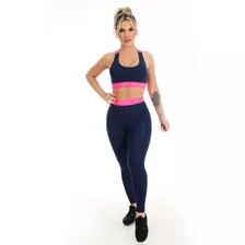 Conjunto Legging Com Top Neon Marinho Pink Massam Fitness