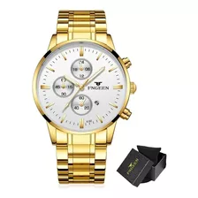 Relógio De Pulseira Fngeen W5128 Com Corpo Preto, Analógico, Para Homem, Fundo Dourado E Branco, Com Pulseira Colorida E Expansível De Aço Inoxidável