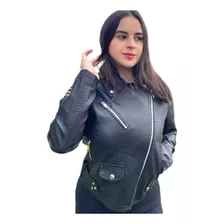 Campera Ecocuero Mujer Negra Cierre Cruzado Bolsillos Cinto