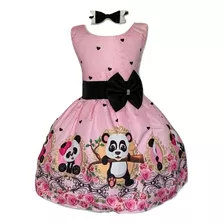 Vestido Verão Temático Urso Panda Rosa E Preto Regata+brinde