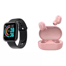 Combo Smartwatch D20 Negro + Auriculares Inalámbricos Rosa