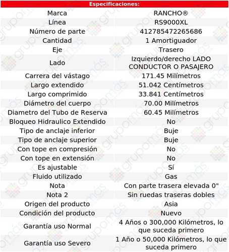 1 Amortiguador Conductor O Pasajero Tra Rs9000xl G35 75-78 Foto 3