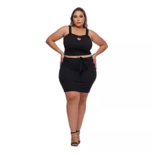 Conjunto Plus Size Saia Com Cintinho E Cropped Decote