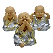 Trio Buda Prata Bebê Cego Surdo Mudo Estatueta Monge Enfeite