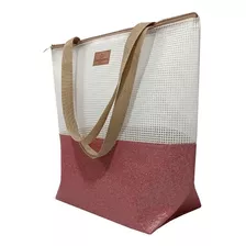 Bolsa De Praia De Tela Zíper Feminina Lavável Rosa Acambamento Dos Ferragens Níquel Cor Rosa Shine Cor Da Correia De Ombro Bege Desenho Do Tecido Liso