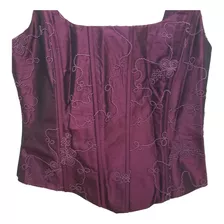 Vestido Corset Tafeta Bordada Bordo X L