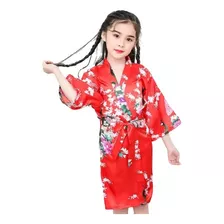 Kimono Infantil De Cetim Com Estampa De Pavão - Vermelho