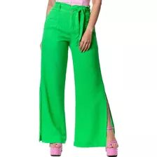 Calça Pantalona De Linho Com Lastex Alfaitaria Wide Leg