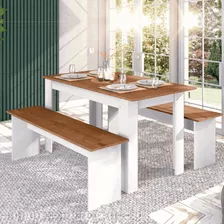 Conjunto Mesa De Jantar Cozinha Com Bancos Cadeiras Rústicas