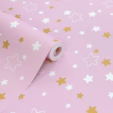 Papel De Parede Rosa Com Estrelas - Rolo 9,5m X 53cm + Cola