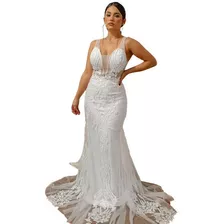 Vestido Longo Sereia Decotado Tule Bordado Pedrarias L293