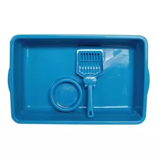 Kit Caixa De Areia Azul Para Gato + Comedouro + Pázinha