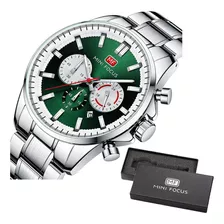 Relógio Mini Focus Calendar Chronograph Em Aço Inoxidável Cor Do Fundo Verde-prata