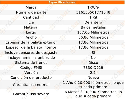 Balatas Bajos Metales Delanteras Subaru Outback 06/12 Trw Foto 2