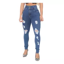 Calça Jeans Premium Botão Rasgo Laser Levanta Cos Alto