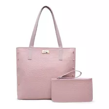 Bolsa Feminina De Ombro Croco Estilo Sacola + Nécessaire Cor Rosa