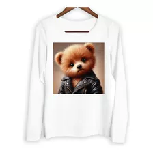 Remera Mujer Ml Oso Con Campera Cuero Simpatico Tierno M4