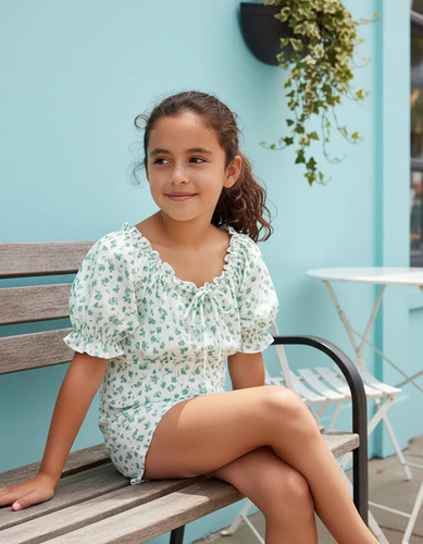 Blusa Branca Com Verde Laço Manga Bufante Nina Kids Blusa Astronauta Verde Cod.146- Lisa G