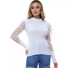 Blusa Canelada Gola Alta Tricot Manga Longa Bufante Poá