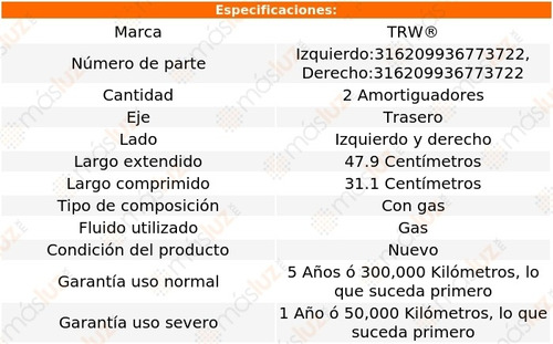 (2) Amortiguadores Gas Traseros Volvo Xc70 08/13 Trw Foto 2