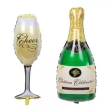Globos Metalizados Botella Verde Champagne+ Copa Grande 
