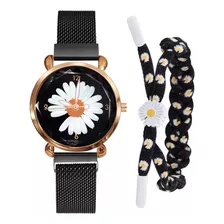 Reloj + Pulsera De Margarita Para Dama En Rosa O Negro.