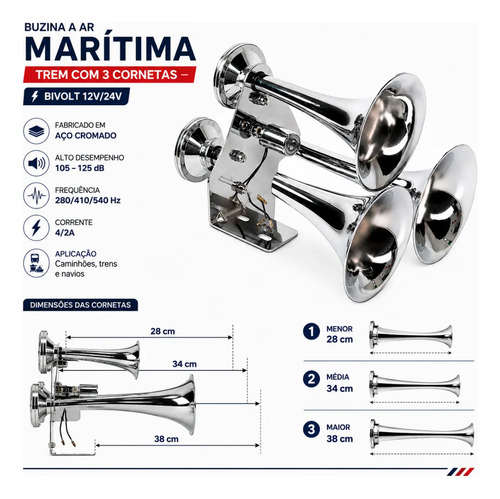Buzina A Ar Marítima Trem Com 3 Cornetas Bivolt — foto 3