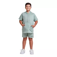 Conjunto Infantil Menino Camisa Com Capuz E Bermuda Moletom