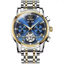 Reloj Automático Olevs Para Hombre, Caja Suiza, Correa Plateada Y Azul, Color Plateado Y Dorado, Bisel Dorado