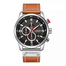 Reloj Curren 8291 Para Hombre, Cronógrafo, Impermeable, Correa Deportiva, Color Marrón Claro, Color De Fondo Negro