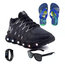 Tenis Infantil Led Meninos Com Luzes Chinelo Oculos Relogio