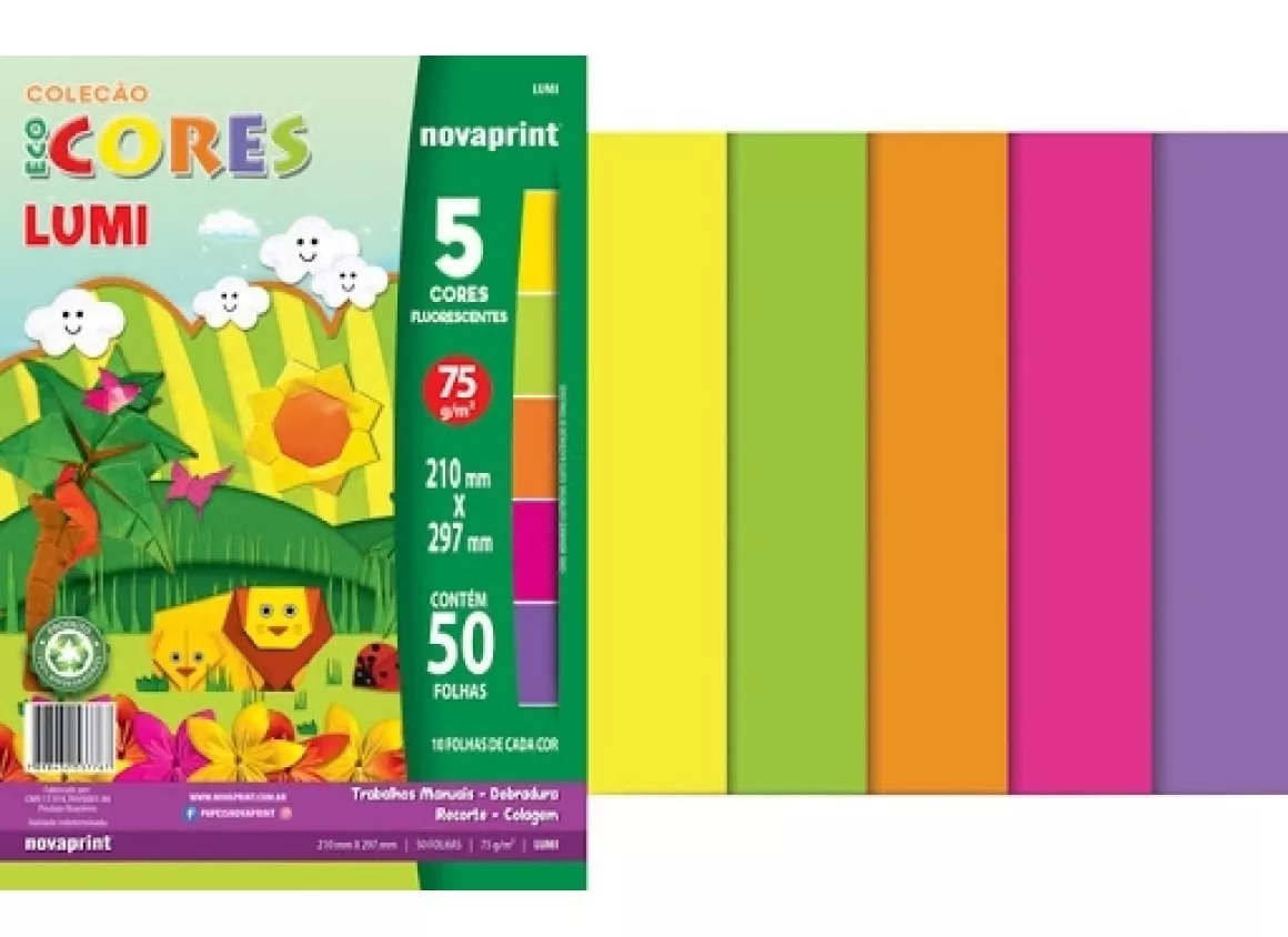 Papel Colorido Lumi Paper 5 Cores Fluorescentes 50 Folhas A4
