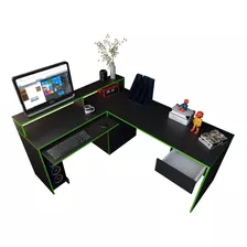 Escritorio En L Melamina Premium Gamer Pc Playstation Xbox Color Negro/verde