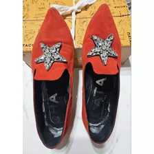 Chatitas Balerinas Zapato Bajo Gamuza Rojo Apliques Natacha