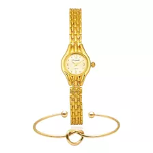 Relógio Dourado Feminino De Pulso Quartz Mini + Bracelete