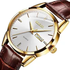 Relógio Masculino De Luxo Dourado Olevs Casual Cor Da Correia Marrom Cor Do Fundo Branco + Pulseira