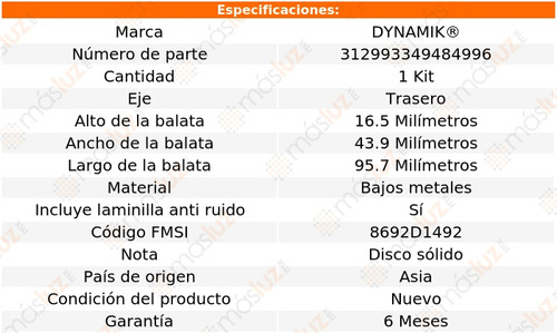 Balatas Bajos Metales Tra 147 L4 2.0l 02/07 Dynamik Foto 3