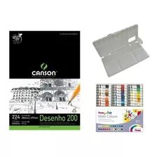 Kit Papel Canson Desenho + Aquarela Pentel 24 Cores +godê